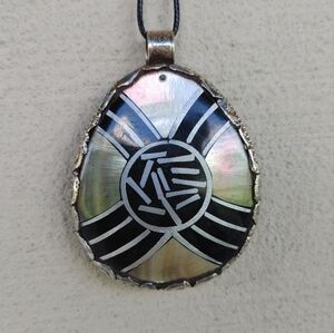 Abalone and Onyx Tibetan Carved Pendant (3")